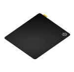 Black, diamond-shaped mouse pad with rounded corners, a small yellow tag near the top edge, and a SteelSeries logo in the bottom-right corner.