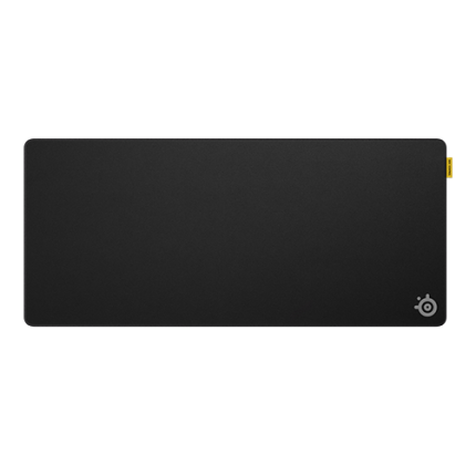Black rectangular mousepad with rounded corners, a small yellow edge tab on the right, and a SteelSeries logo in the bottom-right corner.