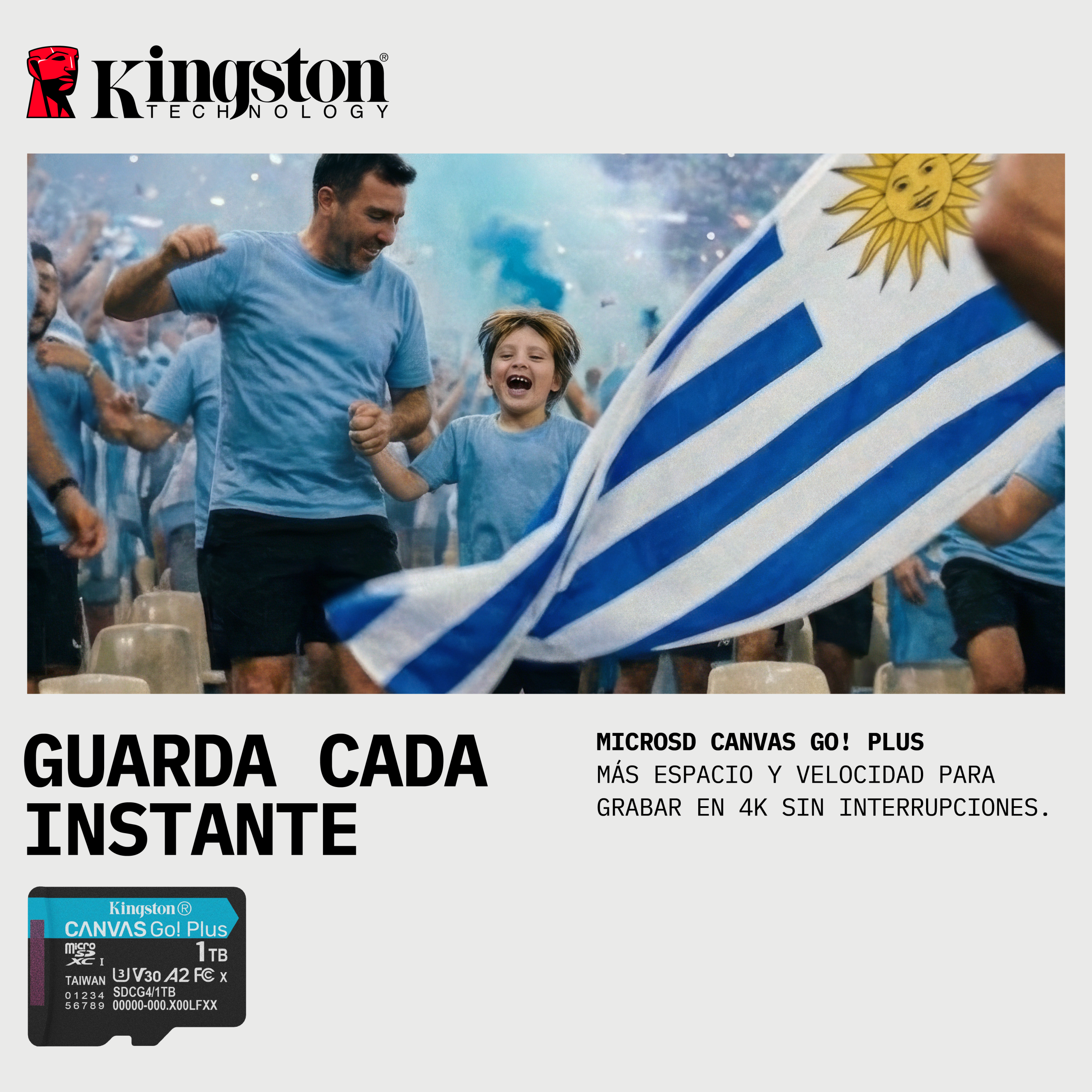 Group of fans in blue shirts cheering at a stadium, waving a blue-and-white striped flag with a sun emblem; Kingston product imagery shows a memory card.