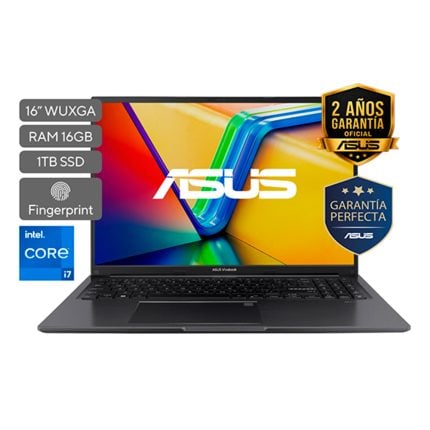 ASUS laptop with colorful screen and badges: 16” WUXGA, 16GB RAM, 1TB SSD, fingerprint sensor, Intel Core i7, two-year warranty.