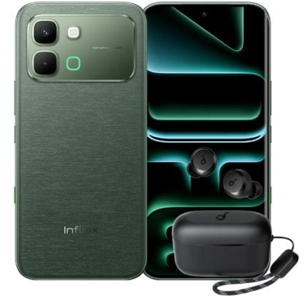 Green Infinix smartphone with a matching green case shown from back and front, alongside wireless earbuds and their charging case.