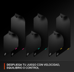 Seis tarjetas negras con esquinas dobladas avanzando, puntas de color y fondo oscuro; incluye el texto 'Despliega tu juego con velocidad, equilibrio o control'.
