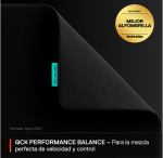 Black QCK Performance Balance gaming mouse pad with a teal edge tag and a corner-fold reveal, plus a gold TechRadar award sticker in the top-right corner.