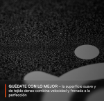 Publicidad en banner con el texto: 'QUÉDATE CON LO MEJOR – la superficie suave y de tejido denso combina velocidad y frena a la perfección', con una franja naranja a un lado.