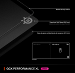 Close-up of a QCK Performance XL mouse pad with labeled features: low-relief edge, 0.6 mm low-friction surface, 2.9 mm neoprene anti-slip base; size diagram shows L and XL.