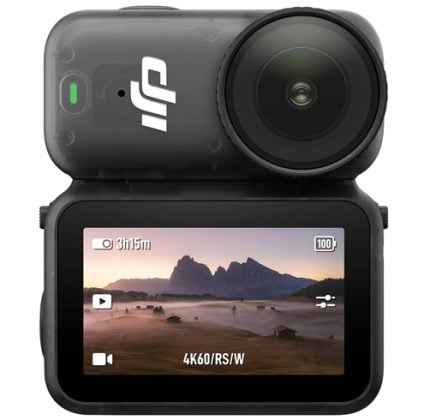 Compact action camera with a large front lens; LCD screen displays a mountain sunset landscape and '4K60/RS/W' text.