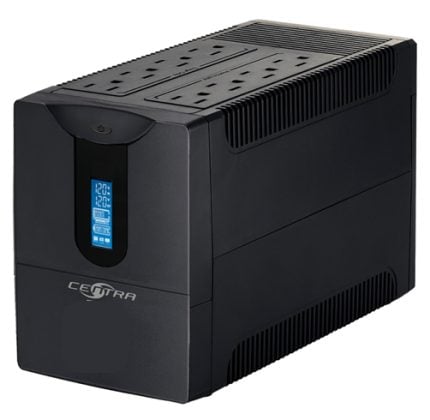 Black Uni-directional UPS battery backup with blue LCD display on the front and vented top panel.