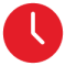 Red circle badge with a white clock icon showing time