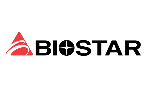 Biostar logo: red triangular icon on the left and bold BIOSTAR wordmark with a star inside the O.