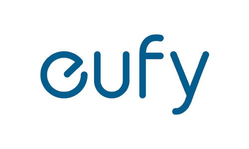 Eufy logo in blue lettering on a white background.