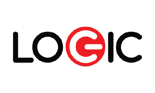 LOGIC logo: black wordmark with a red circular glyph forming the letter 'G' in the center.