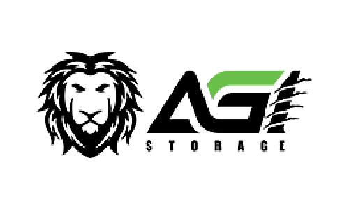 AG Storage logo featuring a stylized 'AG' with a green accent and a lion head emblem on the left
