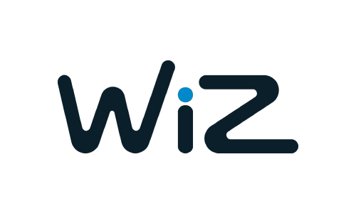 Wiz logo with a blue dot on the letter 'i' in dark blue.