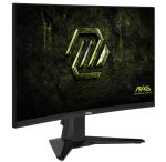 MSI MAG gaming monitor on a stand, screen displaying a green geometric MAG logo on a dark mossy background.
