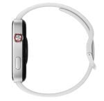 Side view of a silver smartwatch with a white strap, showing the red digital crown from the left edge
