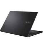 Black Asus VivoBook laptop viewed from the back-right with the lid closed and the logo visible