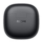 Black rounded wireless earbud charging case with a Redmi logo on top, viewed from above.