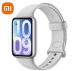 White smartwatch with a square touchscreen showing 10:09 and a white band; Xiaomi logo in the corner.