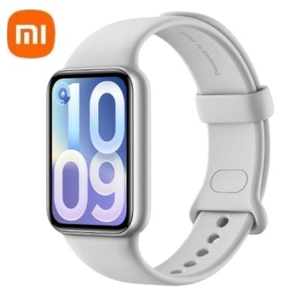 White smartwatch with a square touchscreen showing 10:09 and a white band; Xiaomi logo in the corner.
