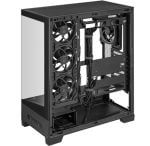 Black mid-tower PC case with three front fans and an open interior for cable routing.