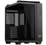 Black mid‑tower PC case with a tempered glass side panel and TUF GAMING branding on the front, showing internal mounting and fan areas.