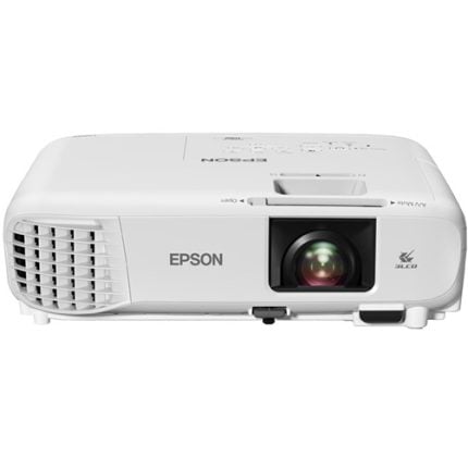 Front view of a white Epson projector, showing the lens, vent grille on the left, and controls on top.