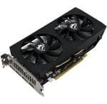 Dual-fan graphics card with PCIe connector and metal mounting bracket, intended for computer graphics processing.