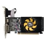 PCIe graphics card with a black heatsink and yellow cooling fan, mounted on a metal bracket with video outputs visible on the left side.