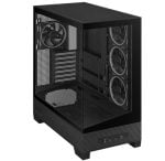 Black mid-tower PC case with a tempered-glass side panel, three front cooling fans, and visible internal drive bays.