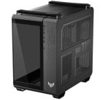 Compact black mini-ITX computer case with a glass front panel and perforated side panels, top handles, and subtle branding on the side.