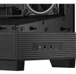 Close-up of a black computer tower's front panel showing the power button and two USB 3.0 ports plus a USB-C port, with horizontal vent grooves nearby.