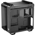 Black open-frame computer case with a clear side panel, showing internal drive bays, PCI slots, and cable-free interior.
