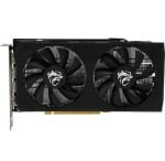 Dual-fan graphics card with black cooling shroud, PCIe connector at bottom and metal I/O bracket on the left.