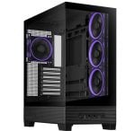 Black mid-tower PC case with a transparent side panel and four purple-framed cooling fans visible inside the chassis