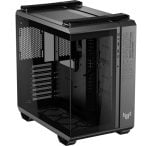 Black gaming PC case with a tempered-glass side panel and empty interior, showing mounting bays and PCIe slots