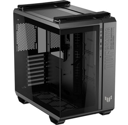 Black gaming PC case with a tempered-glass side panel and empty interior, showing mounting bays and PCIe slots