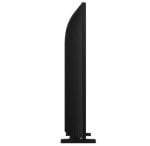 Side view of a slim black curved television standing on a black base.