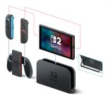 Isometric illustration of a Nintendo Switch setup: left and right Joy-Con controllers, a tablet-style console, docking station, and a separate kickstand accessory for home play.
