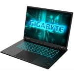 Black gaming laptop opened, with cyan backlit keyboard and the word 'GIGABYTE' glowing on the screen.