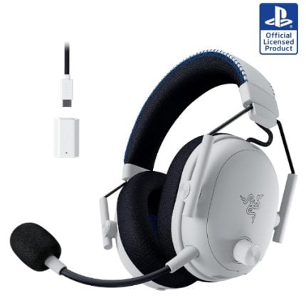 White over-ear gaming headset with blue accents, detachable mic, and USB dongle; PS Official Licensed Product logo in top-right corner.