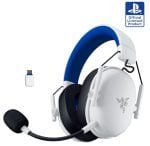 White over-ear gaming headset with blue interior, attached microphone, and USB dongle; PlayStation official licensed product badge visible in the corner.