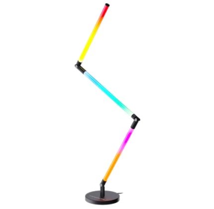 Rainbow-colored adjustable desk lamp with three hinged arms and a round black base, illuminated segments forming a zigzag shape.