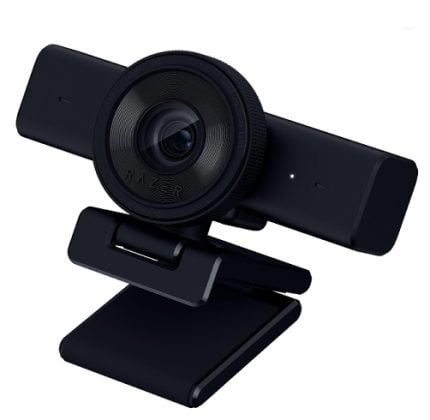 Black webcam on an adjustable mount with a wide lens, designed for desktop video calls