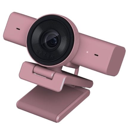 Pink USB webcam with a circular lens mounted on an adjustable pink stand, shown from an angled perspective as if ready for use