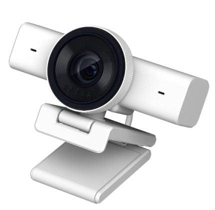 White desktop webcam on a tilting stand with a large circular lens in the center and a horizontal mounting bar on either side.