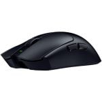 Black wireless ergonomic computer mouse with a green indicator light and side buttons on the left edge.