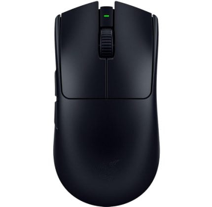 Dark wireless gaming mouse viewed from top, showing left/right side grips and a small green LED on the scroll wheel button area