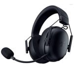 Black over-ear headset with attached boom mic, designed for gaming or calls, shown from a side angle with a cushioned headband and microphone boom extended