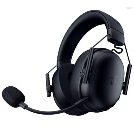 Black over-ear headset with attached boom mic, designed for gaming or calls, shown from a side angle with a cushioned headband and microphone boom extended