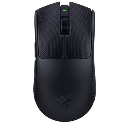 Wireless gaming mouse by Razer with textured panels, ergonomic shape, and a small green LED indicator at the top center.